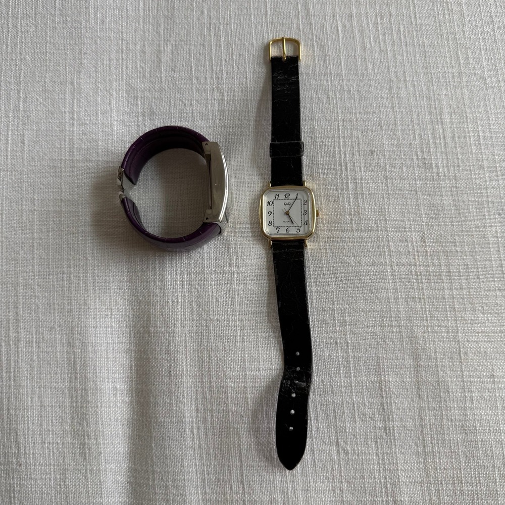Vintage Q&Q Square Gold Watch and JAS‎ Purple Cuff Watch Set Quartz Bundle